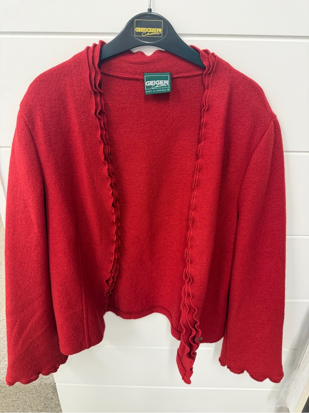 Geiger Red Ruffle-Edge Open Cardigan